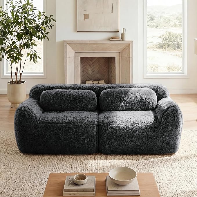 80.4-Inch Boneless Love Seat Couches in a Box, Modern 2 Seat Floor Modular Foam Cloud Sofa Faux Fur Loveseat Couch W/Angle Armrests for Home Apartments Bedroom