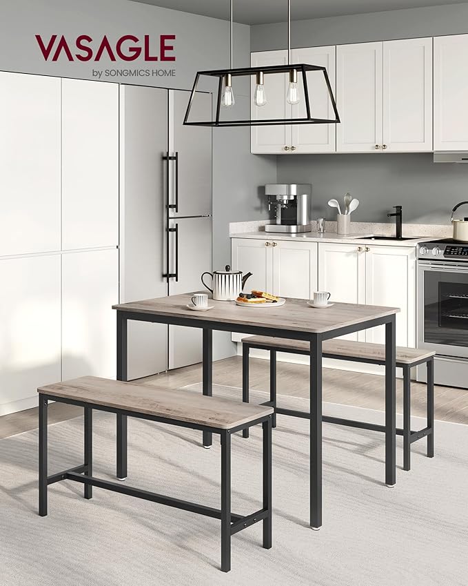 VASAGLE Dining Table Set for 4, Kitchen Table with 2 Benches, 43.3 x 27.6 x 29.5 Inches Dining Room Table, 38.2 x 11.8 x 19.7 Inches Bench, Heather Greige and Ink Black UKDT070B02