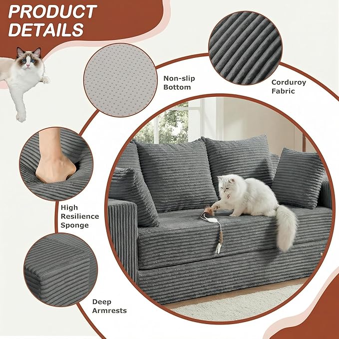 Convertible Sofa Bed, 5 in 1 Small Boneless Couch Pull Out Loveseat Sleeper Sofa,Corduroy Futon Couch Folding Mattress with 4 Pillows for Living Room (Gray, 3 Seater)