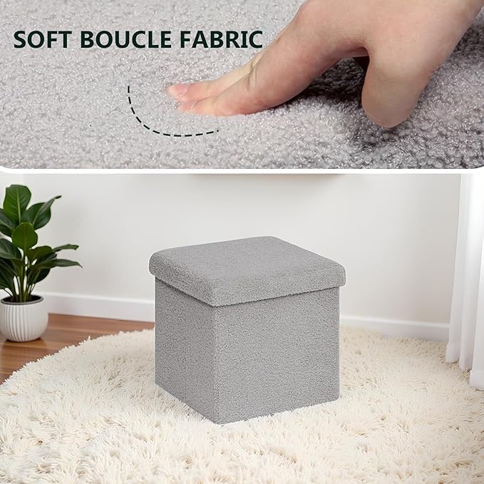 15 Inches Small Storage Ottoman - Square Ottoman with Sherpa Top,Storage Bench for Bedroom 15" D x 15" W x 15" H-Grey