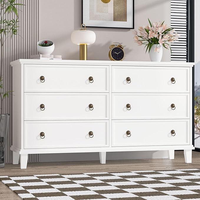 Large Dressers for Bedroom, 53.1" Wide White Farmhouse Dresser 6 Drawers, Wood Large Chest of Drawers for Bedroom, Living Room, Hallway