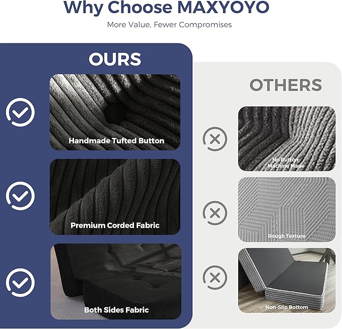 MAXYOYO 8" Foldable Floor Sofa Bed, Tufted Foldable Couch Bed Thick Folding Mattress with Handles, Versatile Folding Sofa Couch for Floor Sleeping, Living Room & Guest Room, Black