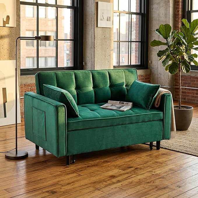 55in Pull Out Sofa Bed, 3 in 1 Convertible Sleeper Sofa Bed with Side Pockets & Adjustable Backrest, Velvet Fabric Loveseat Pull Out Couch for Living Room Bedroom Apartment & RV, Green