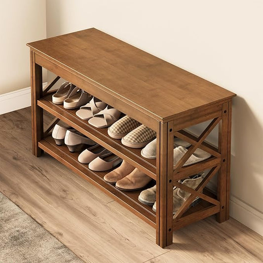 Bamworld Shoe Rack Bench with Storage 3 Tier Bamboo Shoe Bench Entryway Rustic Solid Wood Entryway Bench (X-Brown,31.5")