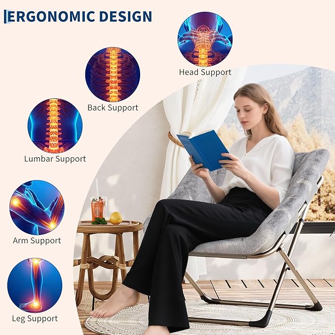 Folding Saucer Chair for Adults, Comfortable Living Room Lounge Chair with Soft Faux Fur Cushion, No Assembly Required, Foldable Accent Furniture for Apartments/Dorms/Bedrooms, Grey