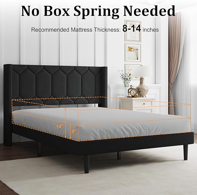 Full Size Bed Frame with Velvet Upholstered Headboard, Platform Bed Frame No Box Spring Needed, Modern Bedframe with Strong Wooden Slats, Black