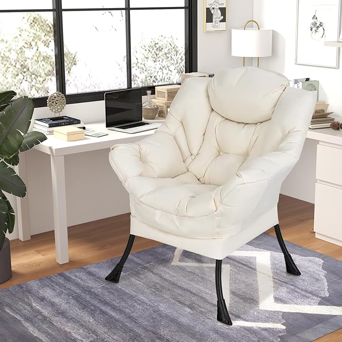 GORELAX Modern Lazy Chair,Upholstered Lounge Accent Chair, Single Leisure Sofa Chair with Armrests & Side Pocket, Comfy Reading Chair for Bedroom, Living Room, Dorm Room (Beige)