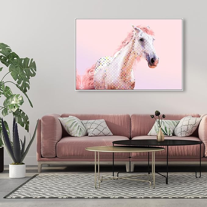 Country Farmhouse Canvas Print Painting Animal Wall Art 'Pink Glam Horse' White Framed Canvas Rustic Home Décor 54x36 in Pink, White by Oliver Gal