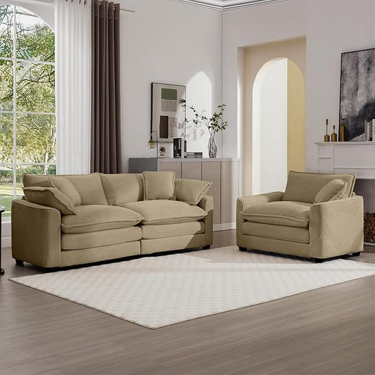 KEIKI 2-Piece Sofa Set with 1 Oversized Corduroy Loveseat Sofa & 1 Single Sofa, Upholstered 3-Seater Couch Set with 5 Pillow, High-Density Foam Cushions, Removable Armrests, for Living Room, Tan