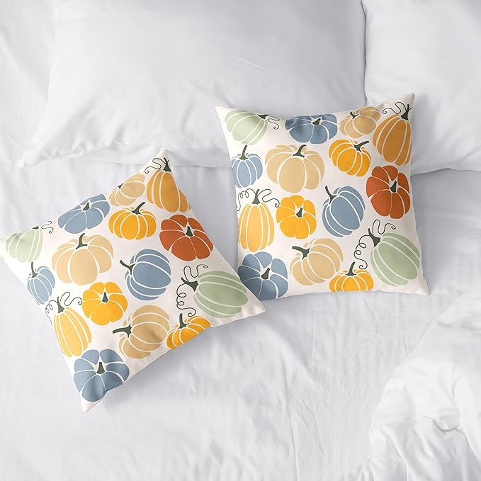 Autumn Outdoor Pillow Case Fall Throw Pillow Covers 24x24 Set of 2 Orange Yellow Blue Pumpkins Pillow Covers Cotton Blend Cushion Case for Couch Patio Bed Car