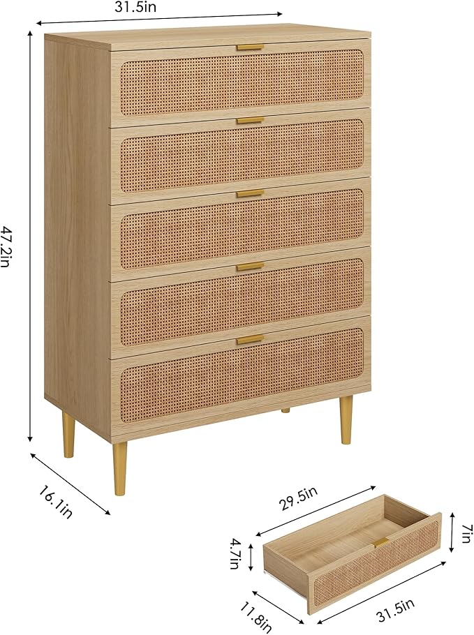 GarveeHome Rattan 5 Drawer Dressers for Bedroom, Tall Dresser with Deep Drawers, Large Chest of Drawers for Closet with Wide Top, Long Wooden Dresser for Living Room, Hallway, Kids Room, Natural