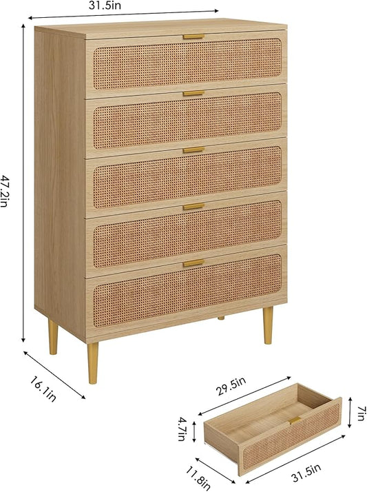 GarveeHome Rattan 5 Drawer Dressers for Bedroom, Tall Dresser with Deep Drawers, Large Chest of Drawers for Closet with Wide Top, Long Wooden Dresser for Living Room, Hallway, Kids Room, Natural
