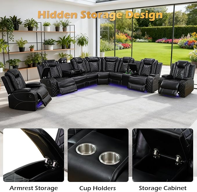 Leather Power Recliner Sectional Sofa Set with LED Light,L Shaped Leather Couch Set with Chair*2,Modular Corner Sofa with USB Ports for Living Room Furniture(Black, Sectional+Chair*2)
