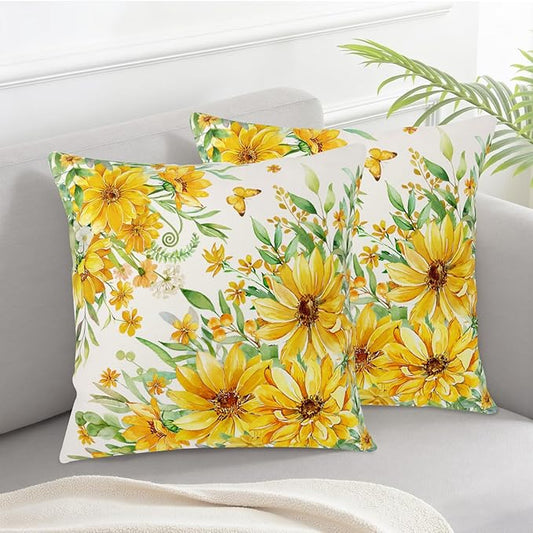 Summer Daisy Pillow Covers 24x24 Set of 2 Yellow Flowers Sunflower Butterfly Decorative Throw Pillows Seasonal Spring Floral Outdoor Cushion Case for Home Couch Sofa Decor