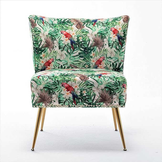 Thia Armless Accent Chair for Living Room, Elegant Seat with Nailhead Trim, Gold Metal Legs and Comfortable Curved Back, 28" D x 25" W x 29.5" H, 06 Floral Print