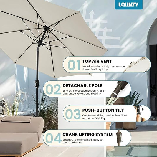 LOUNZY 9FT Large Outdoor Patio Umbrella Table Umbrella-UV Resistant,Easy Push Button Tilt and Crank,8 Sturdy Fiberglass Ribs Pool Umbrella for Patio,Backyard,Deck,Yard,Market