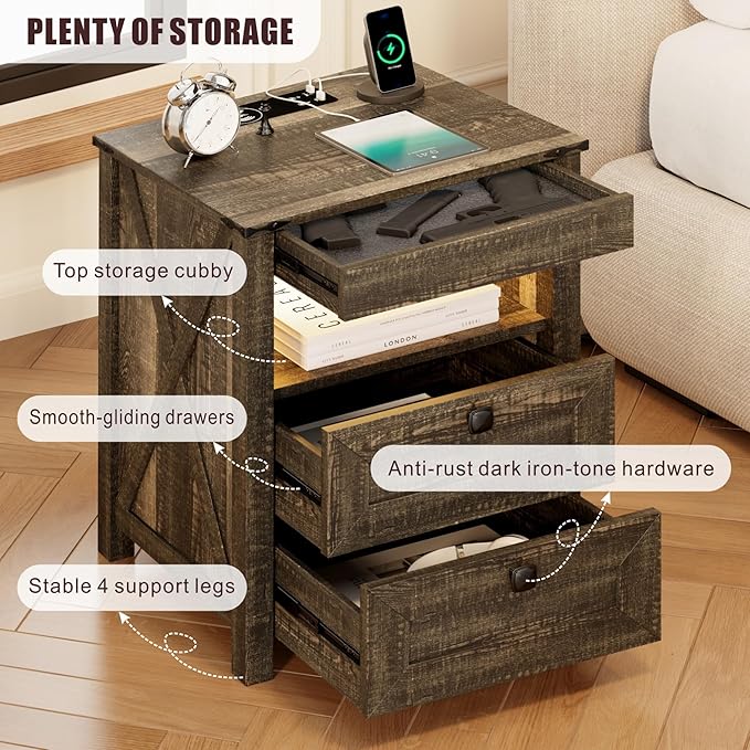 Farmhouse Nightstand with Gun Drawer, Bedside Table with Charging Station, Gun Night Stand with LED Light & Human Sensor, Smart End Table for Bedroom, Rustic Brown