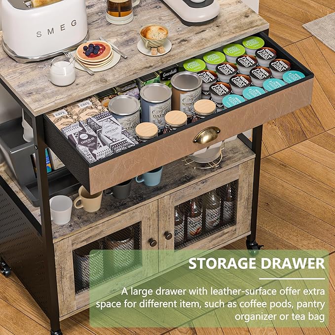 X-cosrack Large Coffee Bar Cabinet，3 Tiers Kitchen Coffee Cart with Drawer for The Home, Movable Farmhouse Station Table on Wheels for Living Room, Entryway, Dining Room, Kitchen