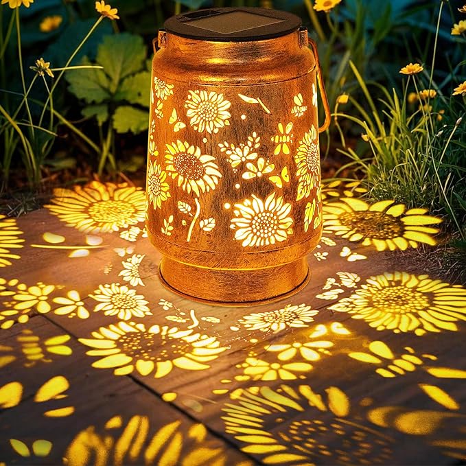Sunflower Solar Lanterns Outdoor Waterproof, Gifts for Women Mom Grandma Birthday, Metal Hanging Lantern Solar Lights LED Decoration with Shepherd Hook Outside for Yard, Patio, Porch, Garden Decor