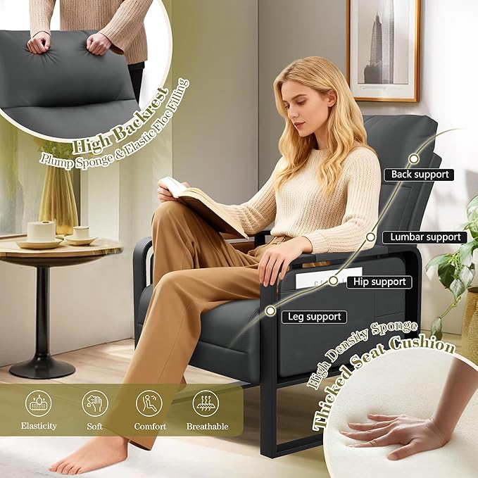 Modern Faux Leather Accent Chair Upholstered Armchair with Side Table for Bedroom Living Room Chairs Office Chair Grey Leisure Chair