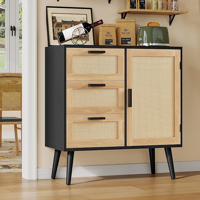 TEENFON Storage Cabinet with Adjustable Shelf & 3 Drawers, Rattan Cabinet with Doors, Freestanding Floor Accent Storage Unit for Living Room, Home Office, Natural + Black
