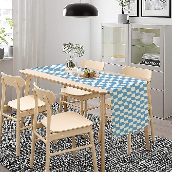 70s Hippie Table Runner Groovy Blue Twisted Checkered Funky Modern Geometric Boho Dinner Runner for Living Room Kitchen Party Holiday Dinner Home Decor 13x120in