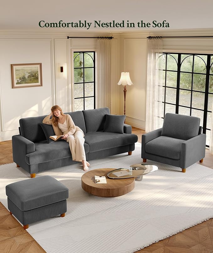 Welzona 87.2" Couches for Living Room, Comfy Sofa Set Tool-Free Setup, Corduroy Couch Set 7.5" Thicker Cushion, Accent Chair with Ottoman 848lbs Support, Sofas for Living Room Home Office, Grey