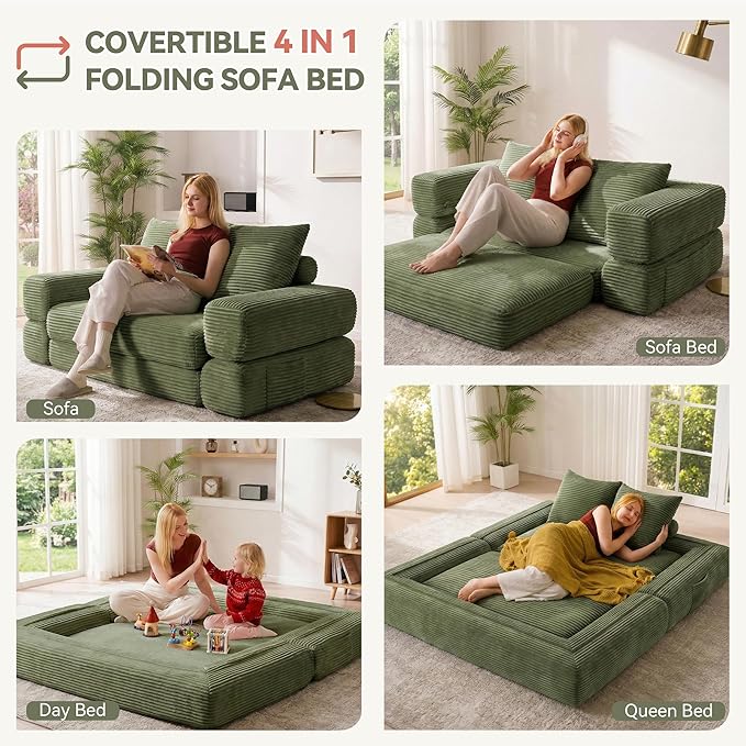 Jocoevol 4-in-1 Convertible Folding Sofa Bed, 68"L x 78"W Queen Size Foldable Sleeper Sofa Bed, Wide Corduroy Upholstery, Boneless Mattress Couch with Armrests & Neck Pillow for Living/Bedroom, Green