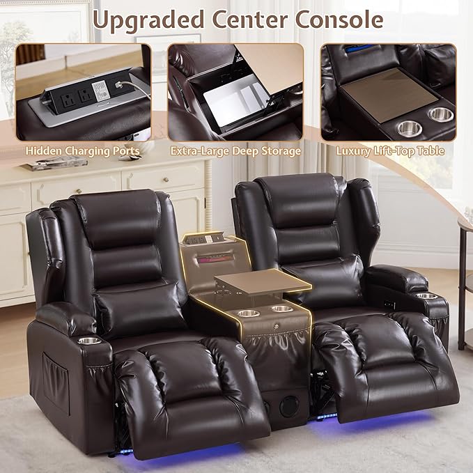SAMERY Loveseat Recliner Sofa, Power Reclining Loveseat Sofa, Wall Hugger Recliners RV Couch with Console, Lift-Top Table, Rhythm & Ambient LED Lights, USB-C, Outlets, Faux Leather, Brown | Extra Wide Seat, Plush Padding, Dual Power Recline, Lift-Up Ta...