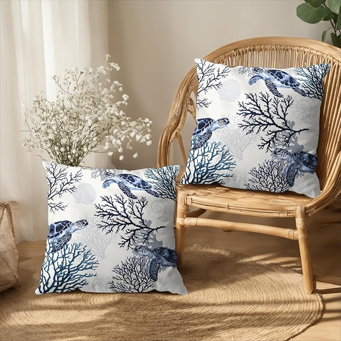 Nautical Outdoor Pillow Covers Set of 2 Coastal Coral Turtle Sea Life Pillow Case 20x20 Inch Summer Ocean Beachy Blue White Pillowcase for Bed Couch Sofa Living Room