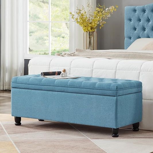 Upholstered Ottoman with Storage,Entryway Bench with Tufted Buttons and Spindle Wooden Legs for Living Room,Bedroom,Light Blue