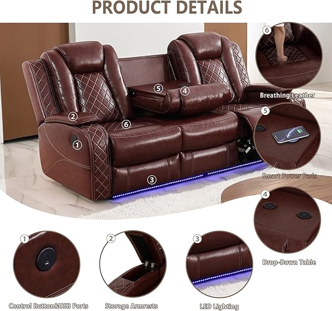 Power Recliner Sofa Set, Breathing Leather Reclining Couch Set, 3 Piece Living Room Furniture Set with LED Lights/Charging Ports/Storage for Home/Office (Auburn, Sofa+Loveseat+Chair)