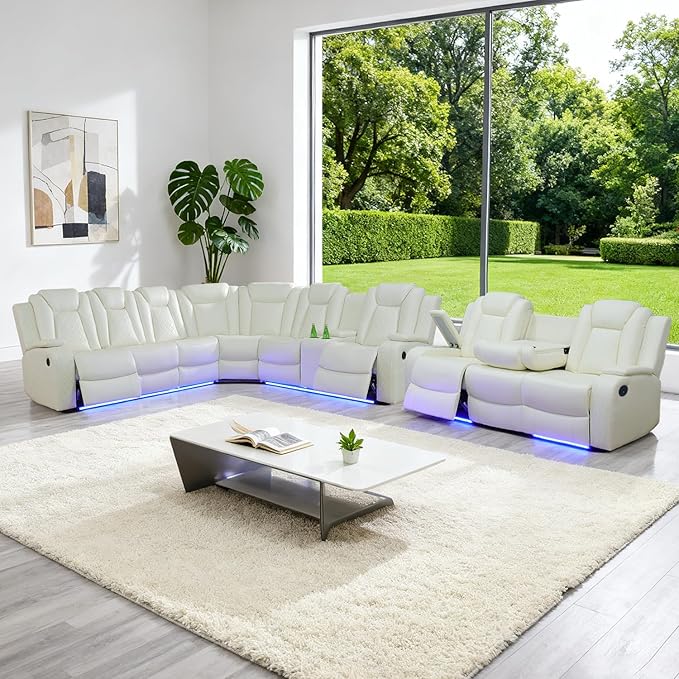 Leather Power Recliner Sectional Sofa Set with LED Light,L Shape Leather Couch Set with 3 Seats Sofa,Modular Corner Couch with USB Port for Living Room Furniture(White, Sectional+3 Seats)