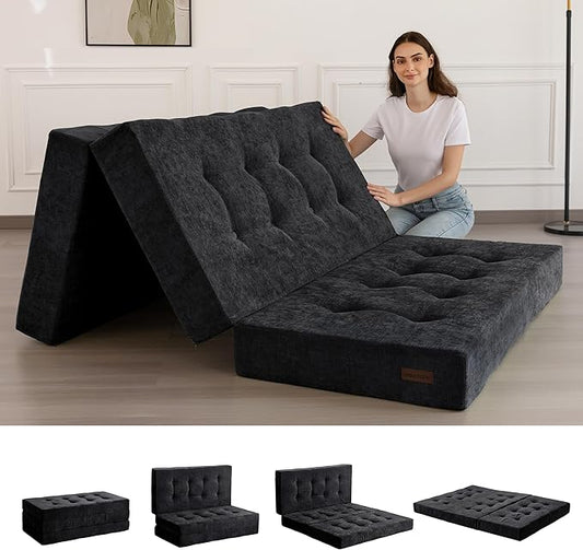 MAXYOYO Tri-Fold Mattress, 6 Inch Tufted Folding Mattress with Chenille Fabric, Portable Full Size Floor Guest Mat for Adults, Foldable Topper for Camping, Black, 53"x75"