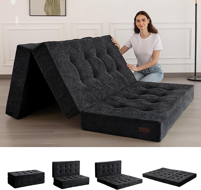 MAXYOYO Tri-Fold Mattress, 6 Inch Tufted Folding Mattress with Chenille Fabric, Portable Twin Size Floor Guest Mat for Adults, Foldable Topper for Camping, Black, 35.4"x75"