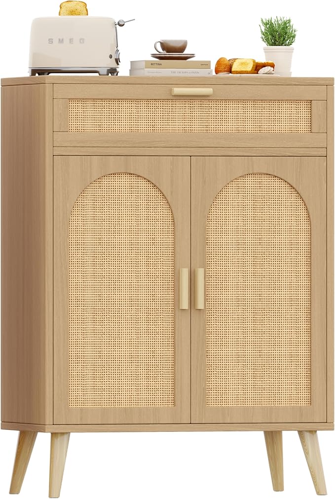 Rattan Buffet Sideboard Set of 2, Boho Buffet Cabinet with Adjustable Shelf & Doors, Kitchen Floor Storage Cabinet with Drawer, Coffee Buffet Cabinet for Living Room, Hallway, Entryway, Natural Oak