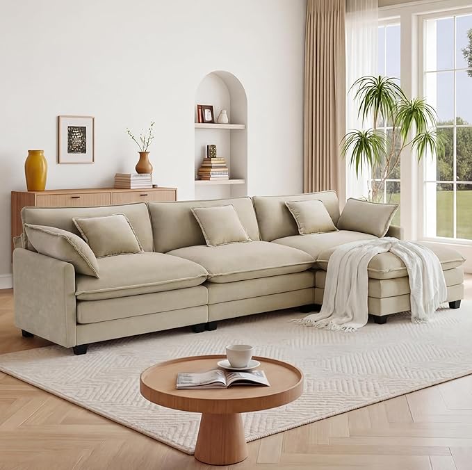 KISLOT 122" Oversized Modular Sectional Sofa,L-Shaped Cloud Couch with Movable Ottoman,Thick Cushions,4 Deep Seats with 5 Throw Pillows Sofa Couch Set for Living Room, Bedroom | Wood Frame