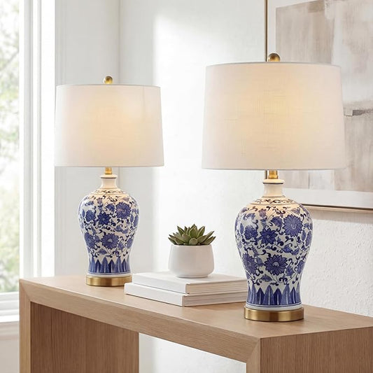 JONATHAN Y 25.75" Blue and White Ceramic Ginger Jar LED Table Lamp Set of 2, Traditional Brass Gold Base for Bedroom Living Room, White Linen Shade, LED Bulbs Included JYL1073A-SET2