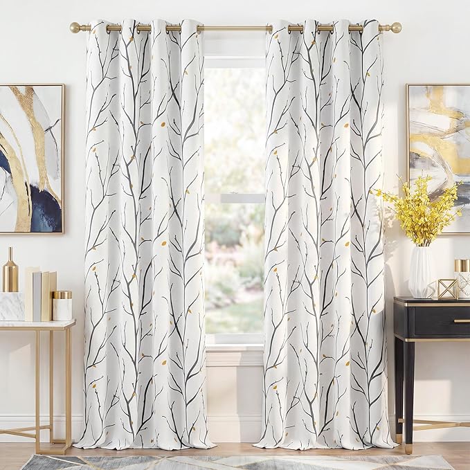 NICETOWN Room Darkening Fall Curtains for Bedroom 84 inch Length, Grommet Branch Thermal Window Drapes with Rain of Petals for Living Room, Grey, W52 x L84, 2 PCs
