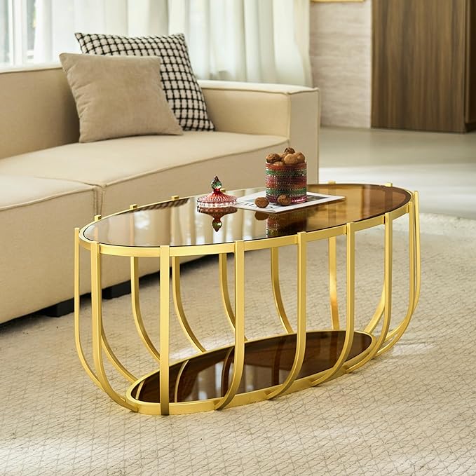 Saint Mossi Glass Oavl Coffee Table for Living Room, Modern 2-Tier Glass Center Table, Brown Glass Top with Gold Finish Legs & Frame, L42.5xW23xH16.5