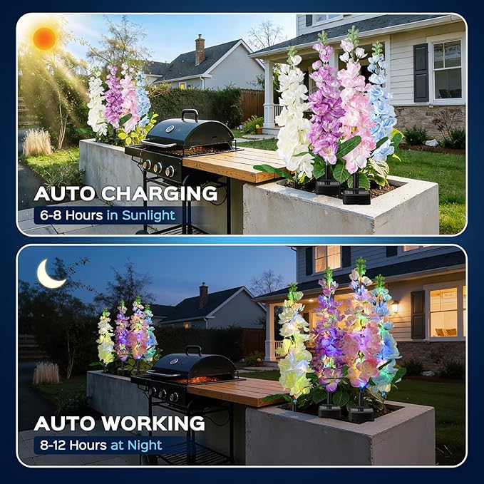 2 Pack Solar Garden Lights Outdoor, LED Colorful Waterproof Solar Powered Hyacinth Flowers Landscape Lights for Patio, Outside Yard, Pathway Decorative, Décor, Gifts, Two Lighting Modes