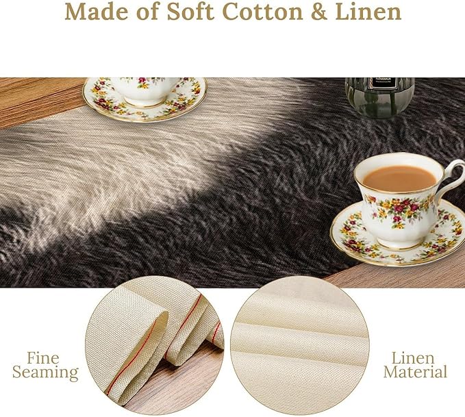 Cowhide Table Runner Black and White Milk Cow Western Style 3D Cow Fur Skin Texture Table Runner for Living Room Kitchen Dining Table Decoration 13x36in