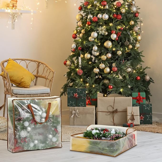 8 Pcs Clear Wreath Storage Bags 26 Inch St. Patrick's Garland Container Door Garland Holiday Wreath Storage Holder with Handle and Zipper Heavy Duty Plastic Packing Totes(Camel)