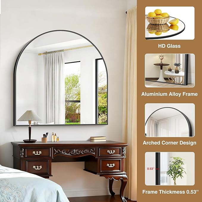Arched Mirror, 42’’x42’’ Black Arch Mirror for Bathroom, Large Arched Bathroom Mirror with Frame, Modern Wall Mounted Mirror for Over Sink Mantle Bedroom Vanity Living Room Entryway