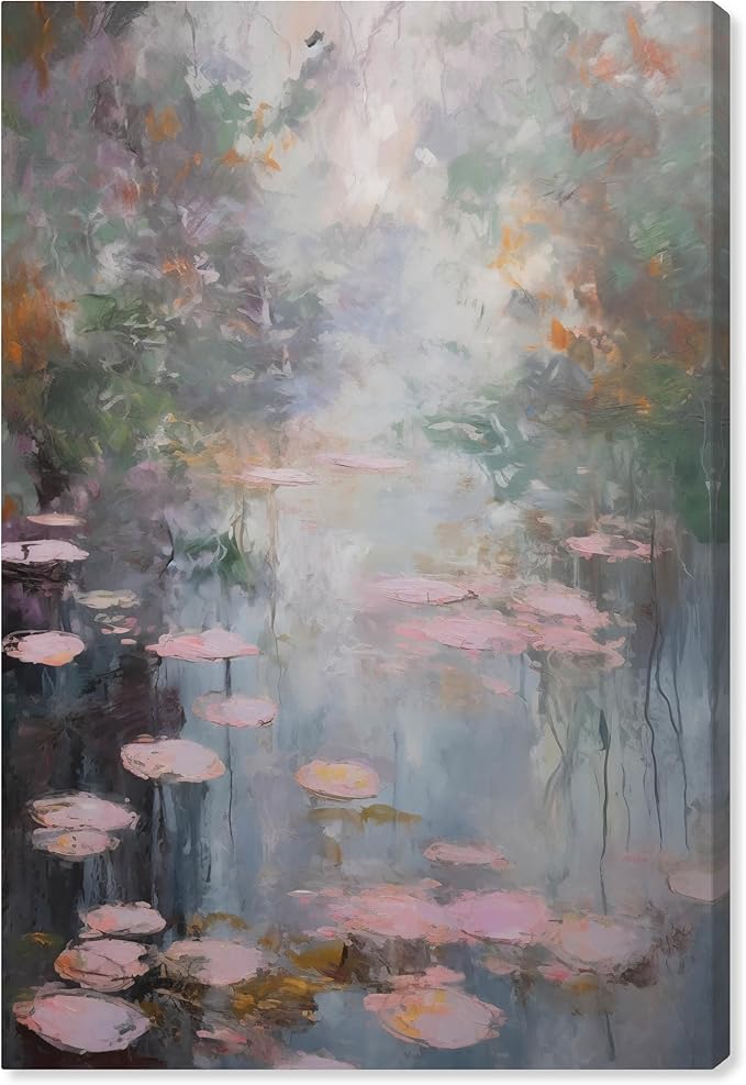 Art Remedy Pink Impressionisty Lilypads Gallery Wrapped Impressionism 1 Piece Canvas Wall Art/Monet And Van Gogh Inspired Art, 30" x 45", Gallery Wrapped
