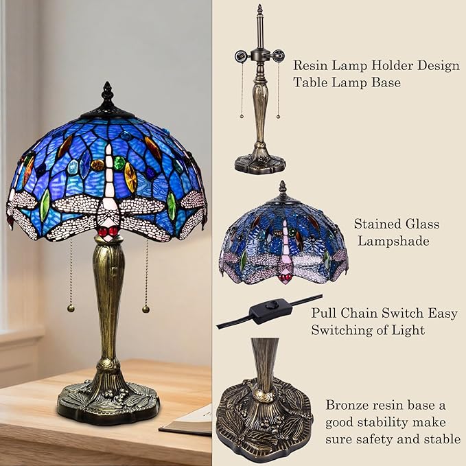 Small Tiffany Table Lamp, Blue Dragonfly Stained Glass Lamp,12 Inch Tiffany Style Lamp for Bedroom Living Room Home, Handcrafted Light, Included Bulb