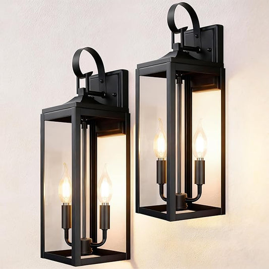 OKELI 17.6" 2-Pack Outdoor Wall Light Fixture, Large Exterior Porch Lighting 2-Light Farmhouse Outside Lantern Lights with Clear Glass Waterproof Wall Sconces Lamp for House Garage