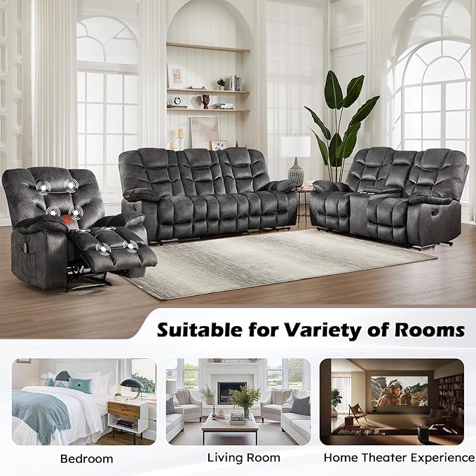 HAOMARKETS Power Recliner Chair with Massage and Heat, 41" Wide Electric Reclining Chairs with USB Port, Breathable Fabric Overstuffed Reclining Sofa for Living Room,Grey
