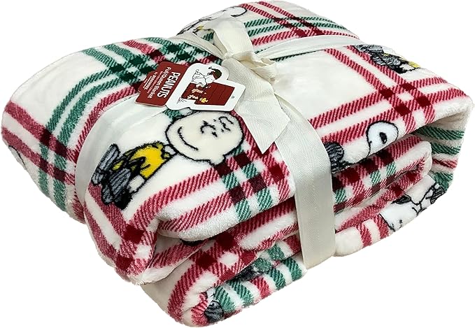 Berkshire Blanket & Home Co Peanuts Winter Blanket, Polyester (Green & Red Gridlines with Characters, Twin)