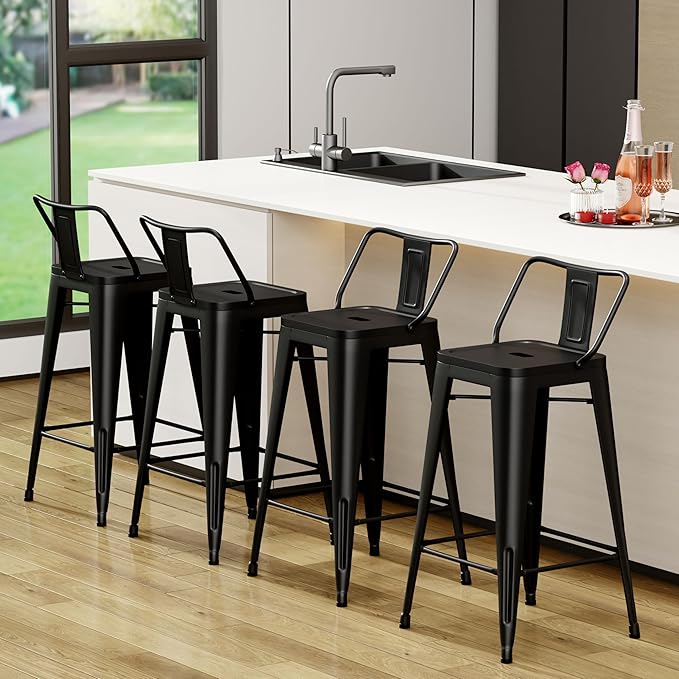 Tongli Metal Bar Stools Set of 4 Barstools Counter Height Bar Stools with Back Industrial Bar Stool Indoor Counter Stool Kitchen Island Stools Modern Bar Chair 26inch Matte Black